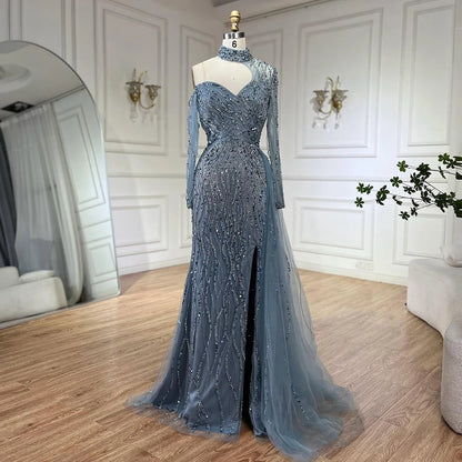 Serene Hill Mermaid Elegant High Split Beaded Blue Evening Dresses For Women Wedding Party 2025 Arabic Prom Formal Gowns LA71856 - SERENE HILL