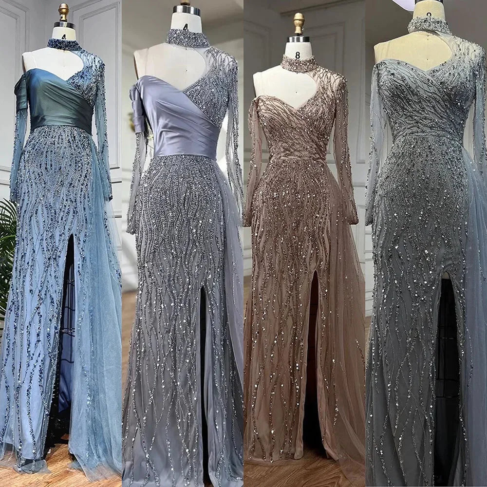 Serene Hill Mermaid Elegant High Split Beaded Blue Evening Dresses For Women Wedding Party 2025 Arabic Prom Formal Gowns LA71856 - SERENE HILL