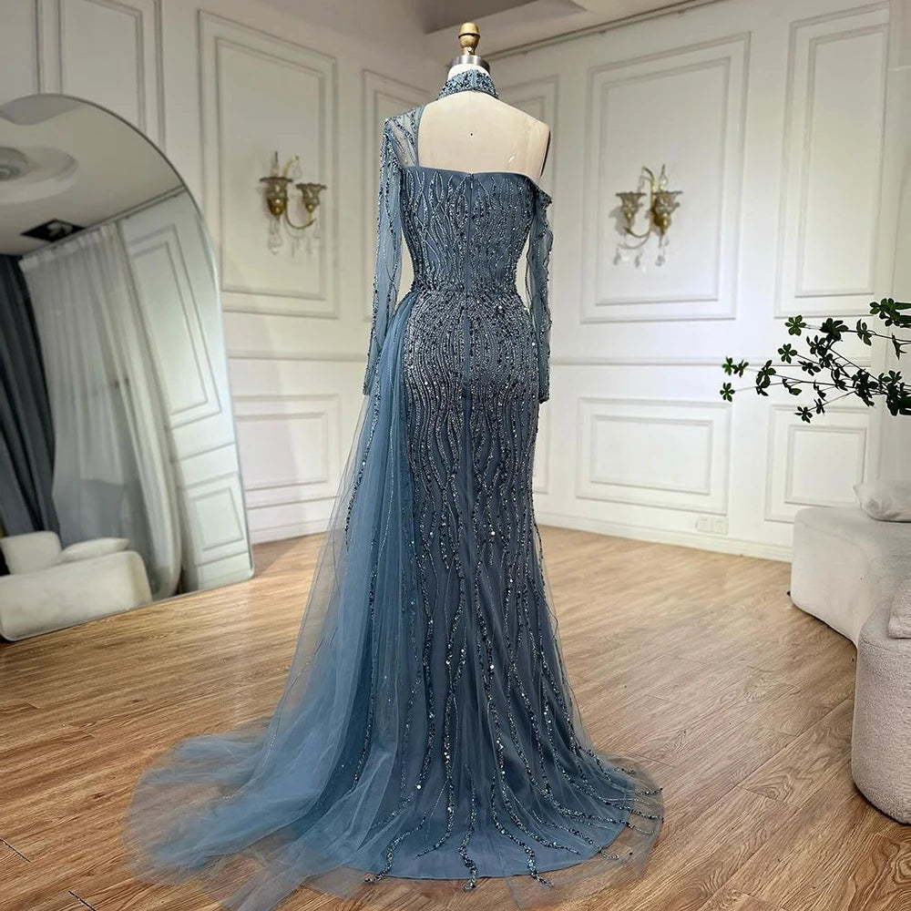 Serene Hill Mermaid Elegant High Split Beaded Blue Evening Dresses For Women Wedding Party 2025 Arabic Prom Formal Gowns LA71856 - SERENE HILL