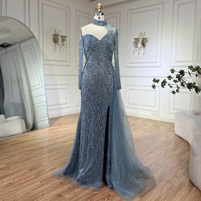 Serene Hill Mermaid Elegant High Split Beaded Blue Evening Dresses For Women Wedding Party 2025 Arabic Prom Formal Gowns LA71856 - SERENE HILL