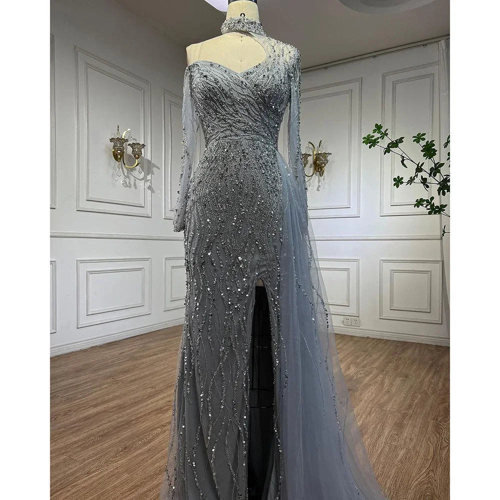 Serene Hill Mermaid Elegant High Split Beaded Blue Evening Dresses For Women Wedding Party 2025 Arabic Prom Formal Gowns LA71856 - SERENE HILL