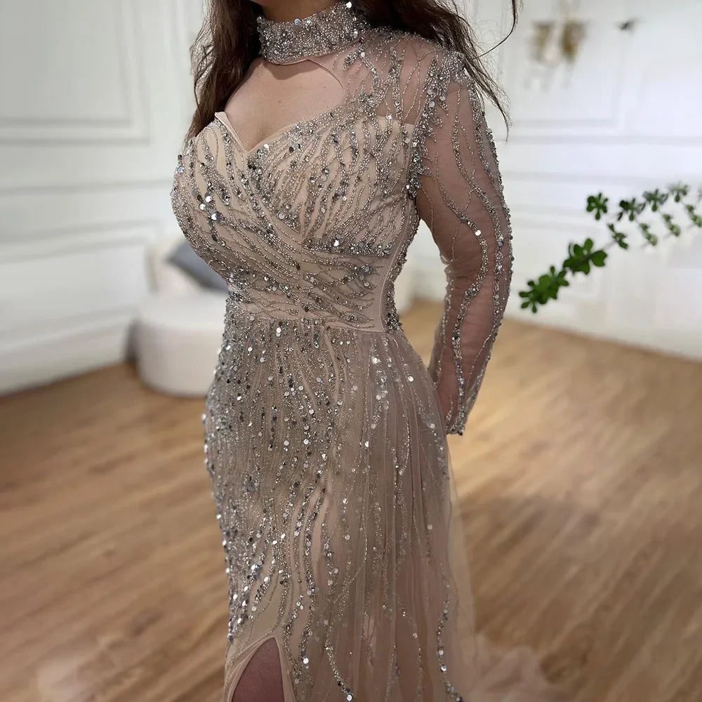 Serene Hill Mermaid Elegant High Split Beaded Blue Evening Dresses For Women Wedding Party 2025 Arabic Prom Formal Gowns LA71856 - SERENE HILL