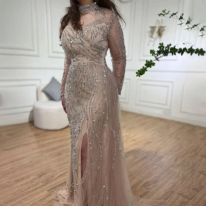 Serene Hill Mermaid Elegant High Split Beaded Blue Evening Dresses For Women Wedding Party 2025 Arabic Prom Formal Gowns LA71856 - SERENE HILL