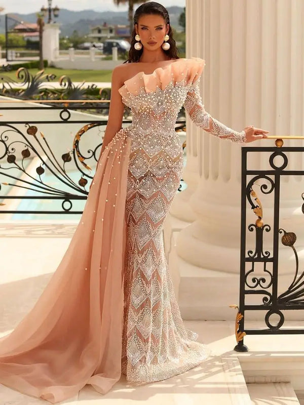 Luxury Designer Pearls Beaded One-Shoulder Evening Dress LA71649