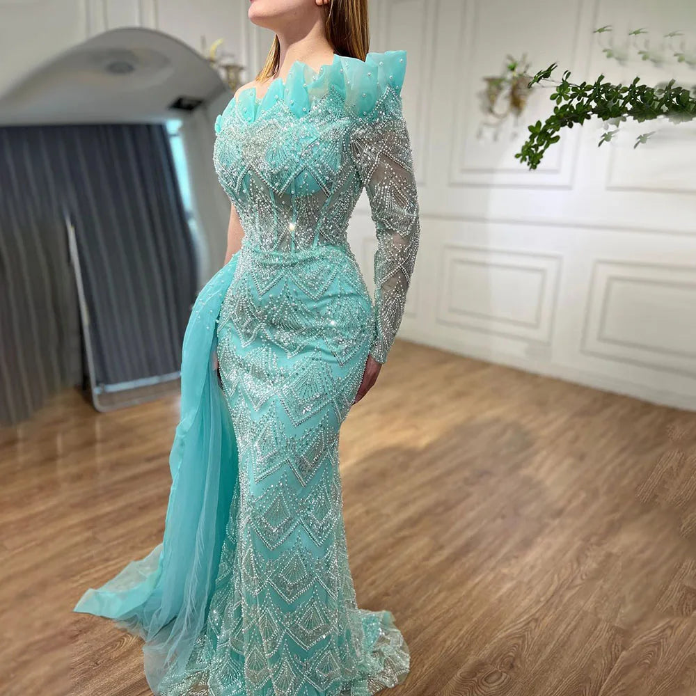 Luxury Designer Pearls Beaded One-Shoulder Evening Dress LA71649 - SERENE HILL