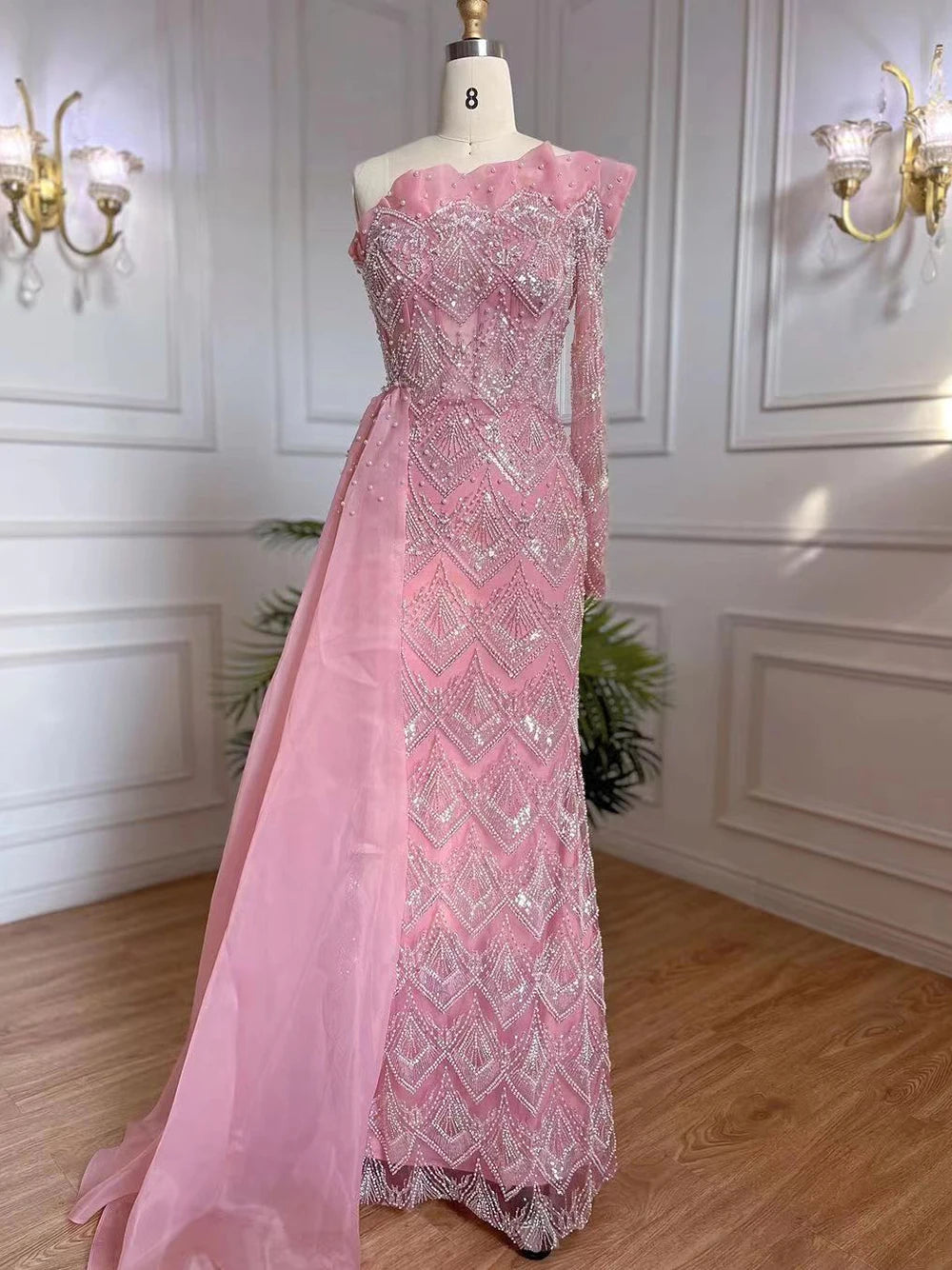 Luxury Designer Pearls Beaded One-Shoulder Evening Dress LA71649 - SERENE HILL
