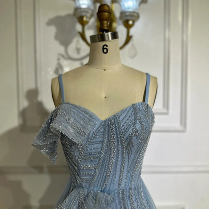 Luxury Dubai Mermaid Evening Dress With Skirt Light blue Beaded Spaghetti Strap For Formal Occasion LA72341A - SERENE HILL