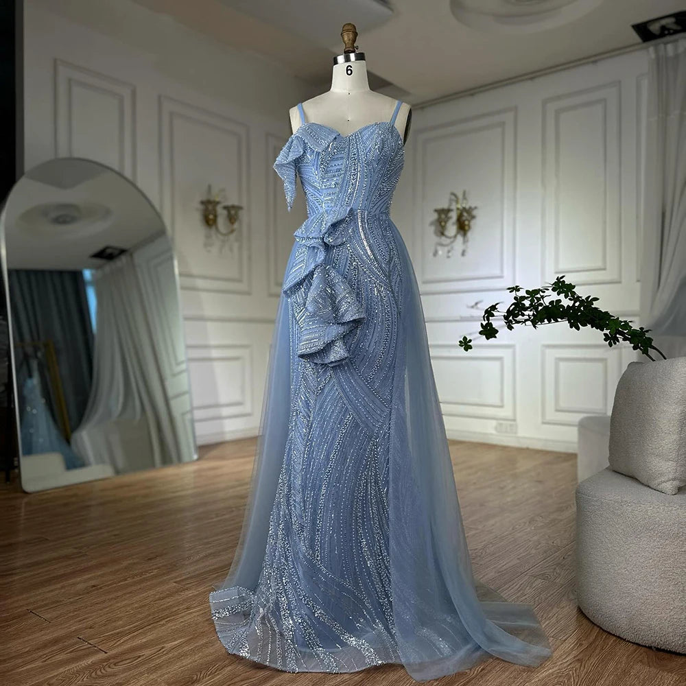Luxury Dubai Mermaid Evening Dress With Skirt Light blue Beaded Spaghetti Strap For Formal Occasion LA72341A - SERENE HILL