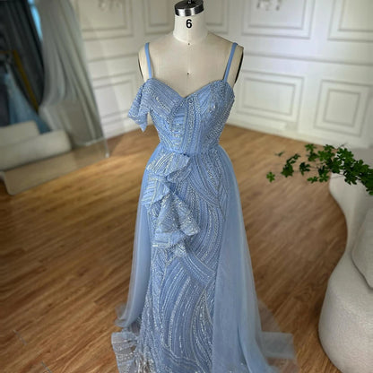 Luxury Dubai Mermaid Evening Dress With Skirt Light blue Beaded Spaghetti Strap For Formal Occasion LA72341A - SERENE HILL