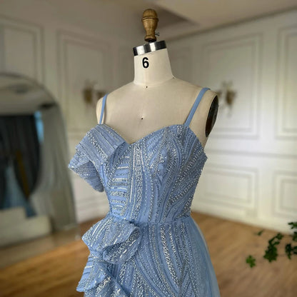 Luxury Dubai Mermaid Evening Dress With Skirt Light blue Beaded Spaghetti Strap For Formal Occasion LA72341A - SERENE HILL