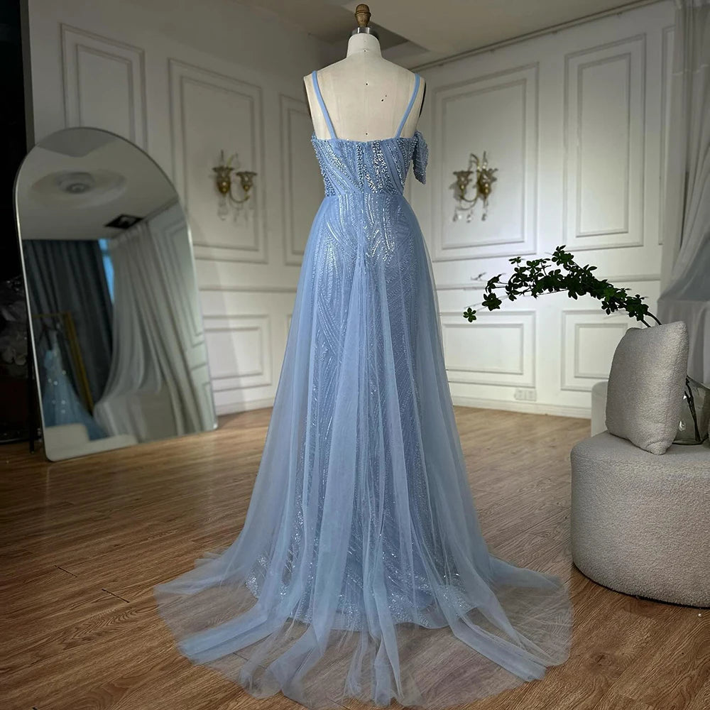Luxury Dubai Mermaid Evening Dress With Skirt Light blue Beaded Spaghetti Strap For Formal Occasion LA72341A - SERENE HILL
