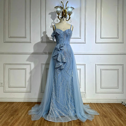 Luxury Dubai Mermaid Evening Dress With Skirt Light blue Beaded Spaghetti Strap For Formal Occasion LA72341A - SERENE HILL