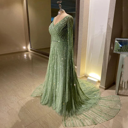 Serene Hill Mint Cape Sleeves A Line Beaded Luxury Dubai Evening Dresses Long 2025 Celebrity Gowns For Woman Party LA71865 - SERENE HILL