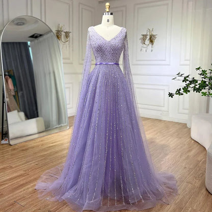 Serene Hill Mint Cape Sleeves A Line Beaded Luxury Dubai Evening Dresses Long 2025 Celebrity Gowns For Woman Party LA71865 - SERENE HILL