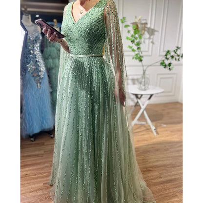 Serene Hill Mint Cape Sleeves A Line Beaded Luxury Dubai Evening Dresses Long 2025 Celebrity Gowns For Woman Party LA71865 - SERENE HILL