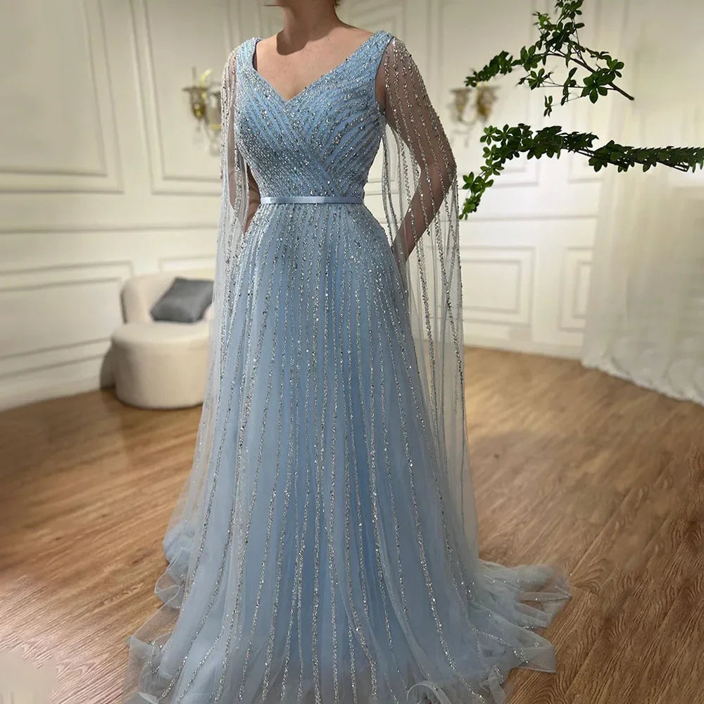 Serene Hill Mint Cape Sleeves A Line Beaded Luxury Dubai Evening Dresses Long 2025 Celebrity Gowns For Woman Party LA71865 - SERENE HILL