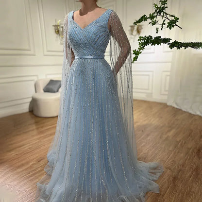 Serene Hill Mint Cape Sleeves A Line Beaded Luxury Dubai Evening Dresses Long 2025 Celebrity Gowns For Woman Party LA71865 - SERENE HILL