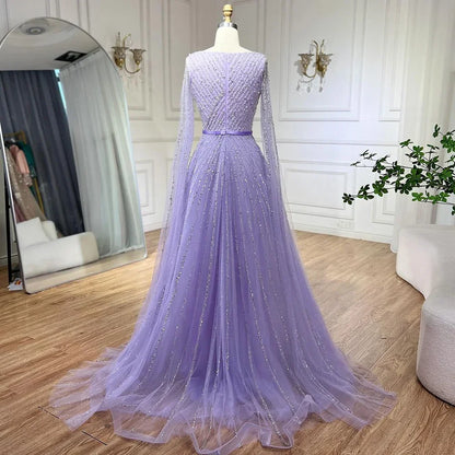 Serene Hill Mint Cape Sleeves A Line Beaded Luxury Dubai Evening Dresses Long 2025 Celebrity Gowns For Woman Party LA71865 - SERENE HILL