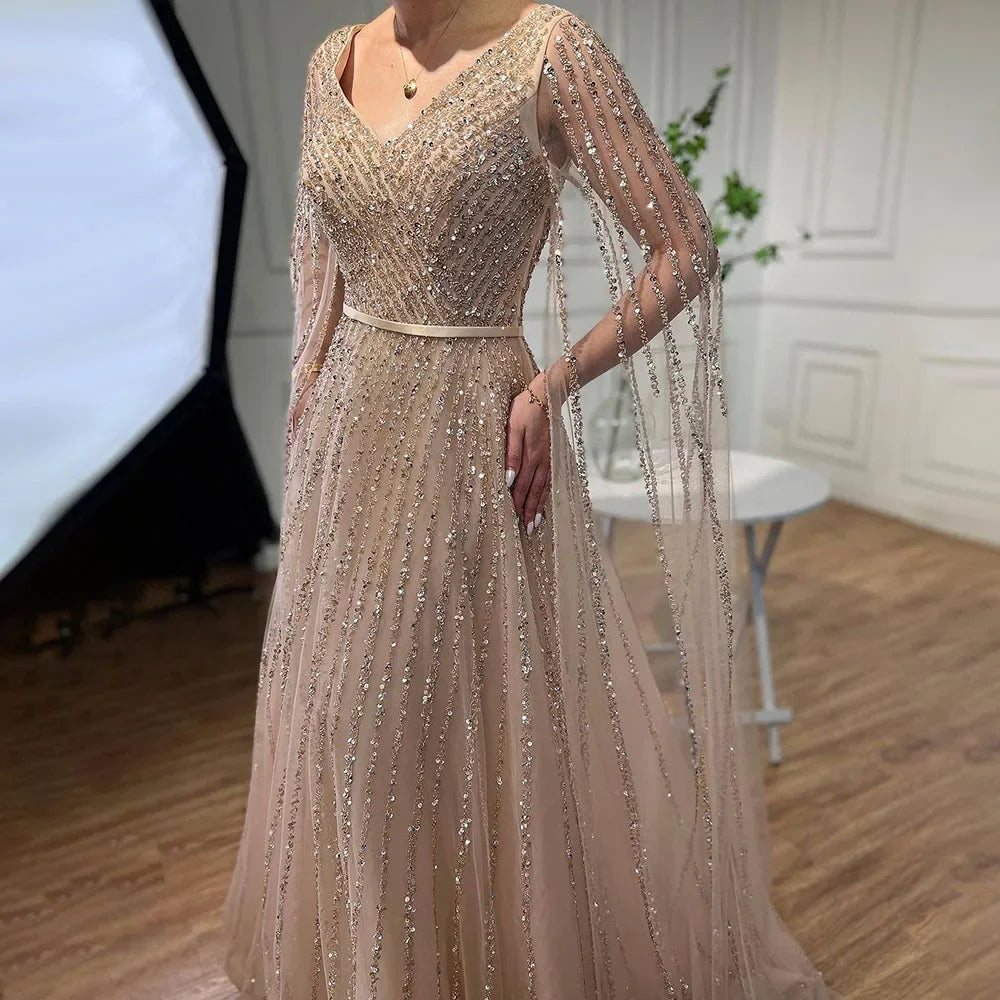 Serene Hill Mint Cape Sleeves A Line Beaded Luxury Dubai Evening Dresses Long 2025 Celebrity Gowns For Woman Party LA71865 - SERENE HILL