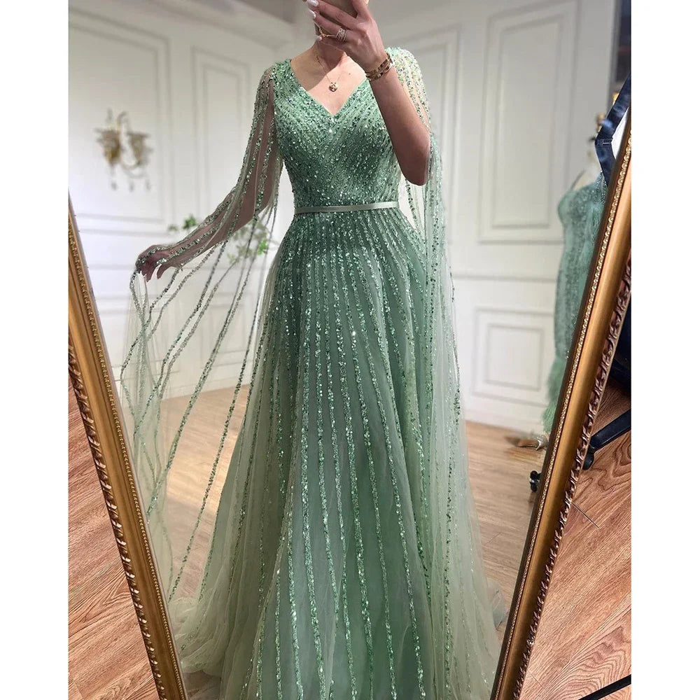 Serene Hill Mint Cape Sleeves A Line Beaded Luxury Dubai Evening Dresses Long 2025 Celebrity Gowns For Woman Party LA71865 - SERENE HILL