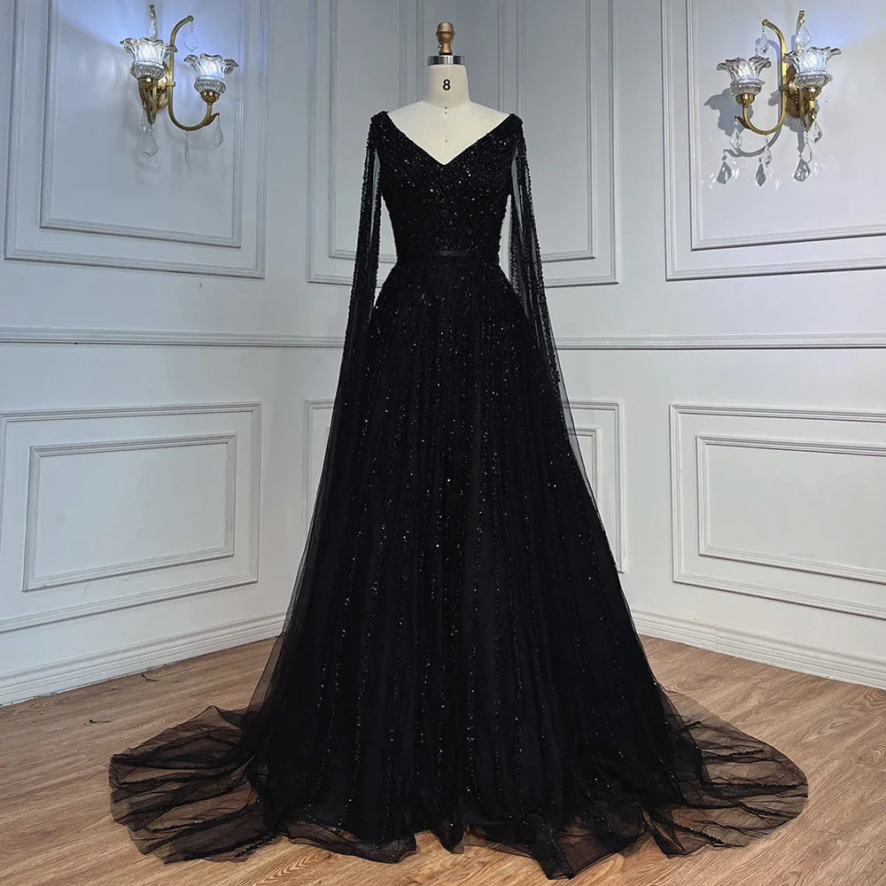 Serene Hill Mint Cape Sleeves A Line Beaded Luxury Dubai Evening Dresses Long 2025 Celebrity Gowns For Woman Party LA71865 - SERENE HILL