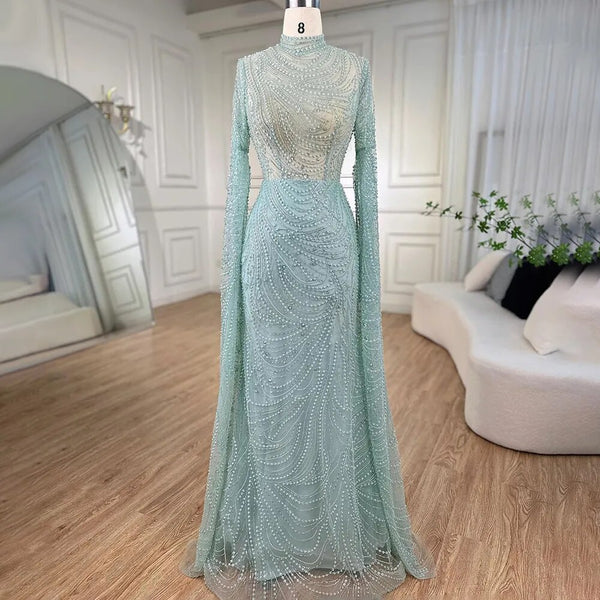 Serene Hill Mint Luxury Mermaid Muslim Evening Dresses Gowns 2025 Cape Sleeves Beaded Elegant For Women Wedding Party LA72182