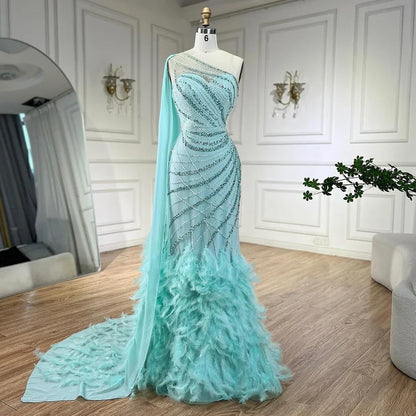 Feather Turquoise Aqua One Shoulder Mermaid Evening Dress with Cape LA72399 - SERENE HILL