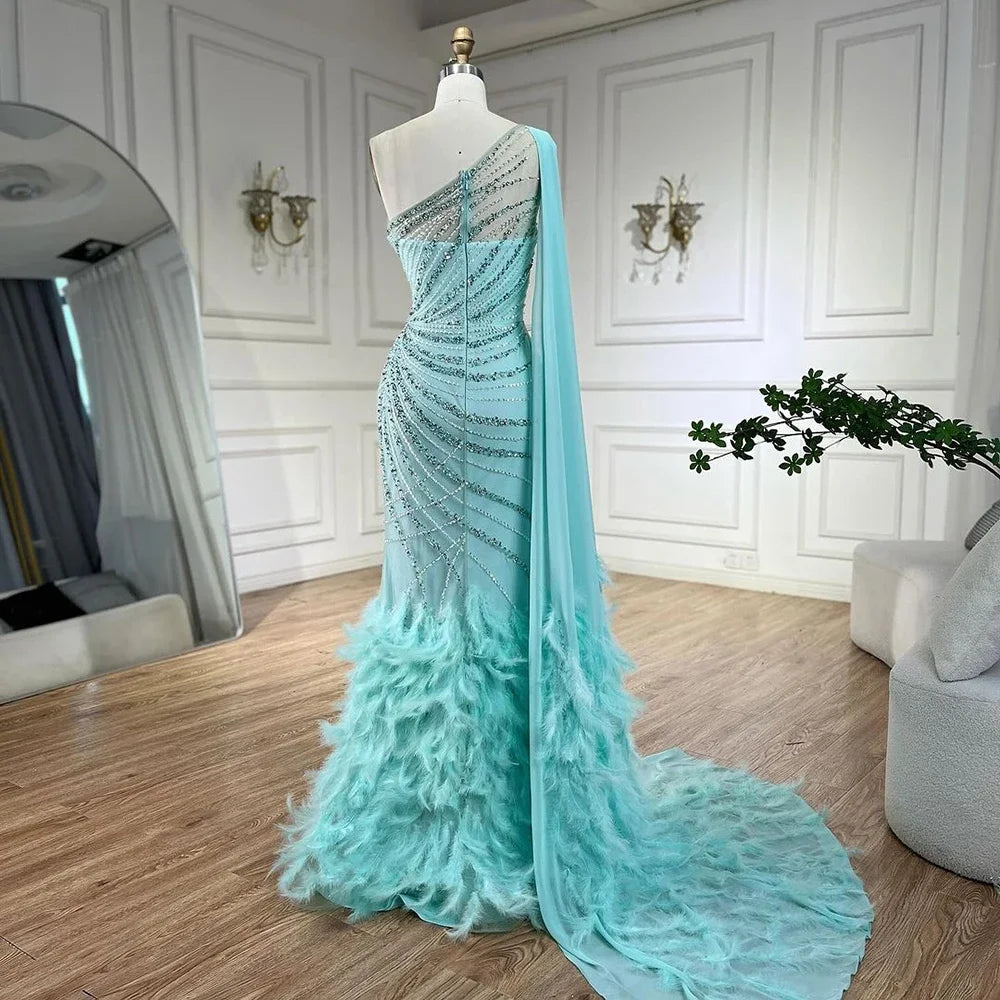 Feather Turquoise Aqua One Shoulder Mermaid Evening Dress with Cape LA72399 - SERENE HILL