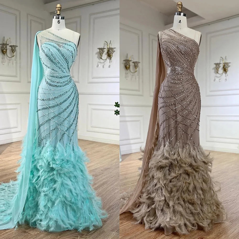 Feather Turquoise Aqua One Shoulder Mermaid Evening Dress with Cape LA72399 - SERENE HILL