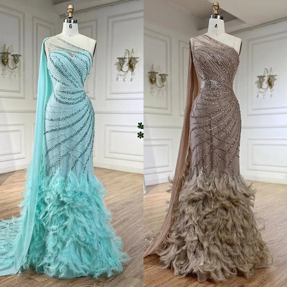 Feather Turquoise Aqua One Shoulder Mermaid Evening Dress with Cape LA72399 - SERENE HILL
