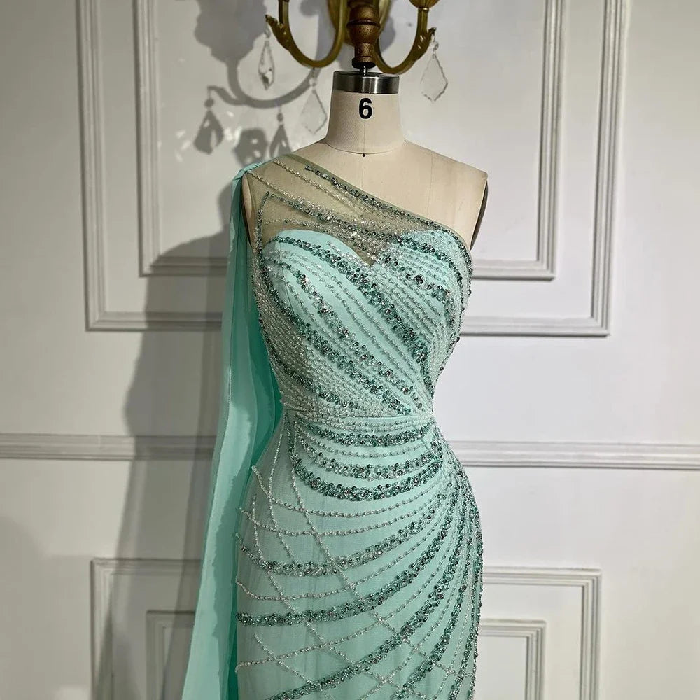 Feather Turquoise Aqua One Shoulder Mermaid Evening Dress with Cape LA72399 - SERENE HILL