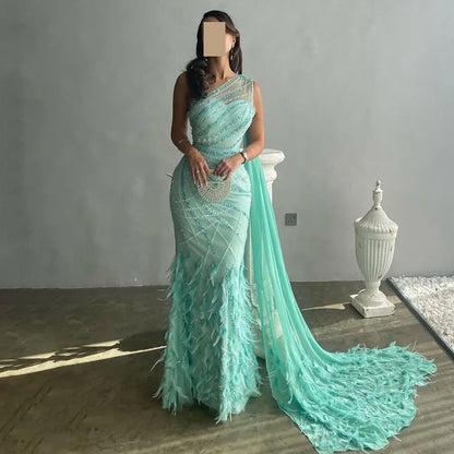 Feather Turquoise Aqua One Shoulder Mermaid Evening Dress with Cape LA72399 - SERENE HILL