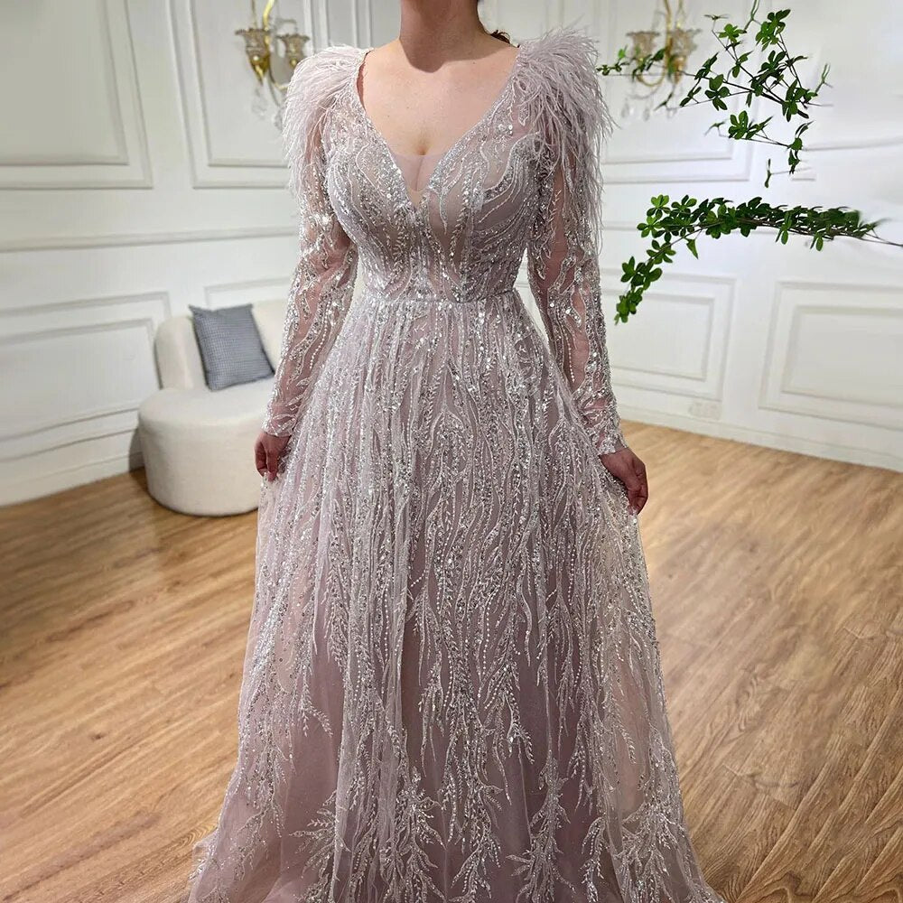 Serene Hill Muslim Beige A Line Beaded Feathers Luxury Dubai Long Evening Dresses Gowns 2025 For Women Wedding Party LA72172 - SERENE HILL