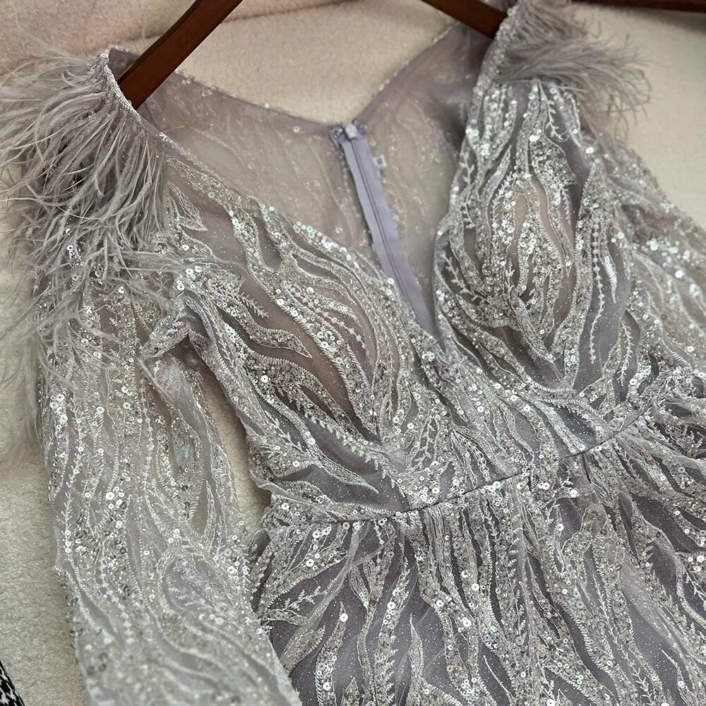 Serene Hill Muslim Beige A Line Beaded Feathers Luxury Dubai Long Evening Dresses Gowns 2025 For Women Wedding Party LA72172 - SERENE HILL