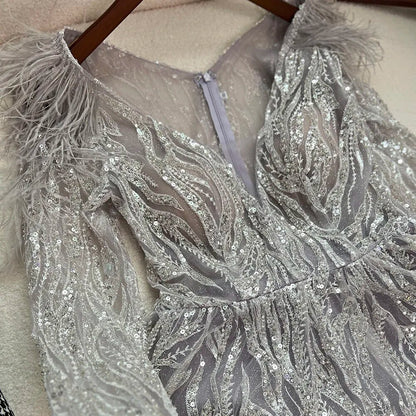 Serene Hill Muslim Beige A Line Beaded Feathers Luxury Dubai Long Evening Dresses Gowns 2025 For Women Wedding Party LA72172 - SERENE HILL
