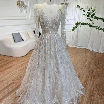 Serene Hill Muslim Beige A Line Beaded Feathers Luxury Dubai Long Evening Dresses Gowns 2025 For Women Wedding Party LA72172 - SERENE HILL