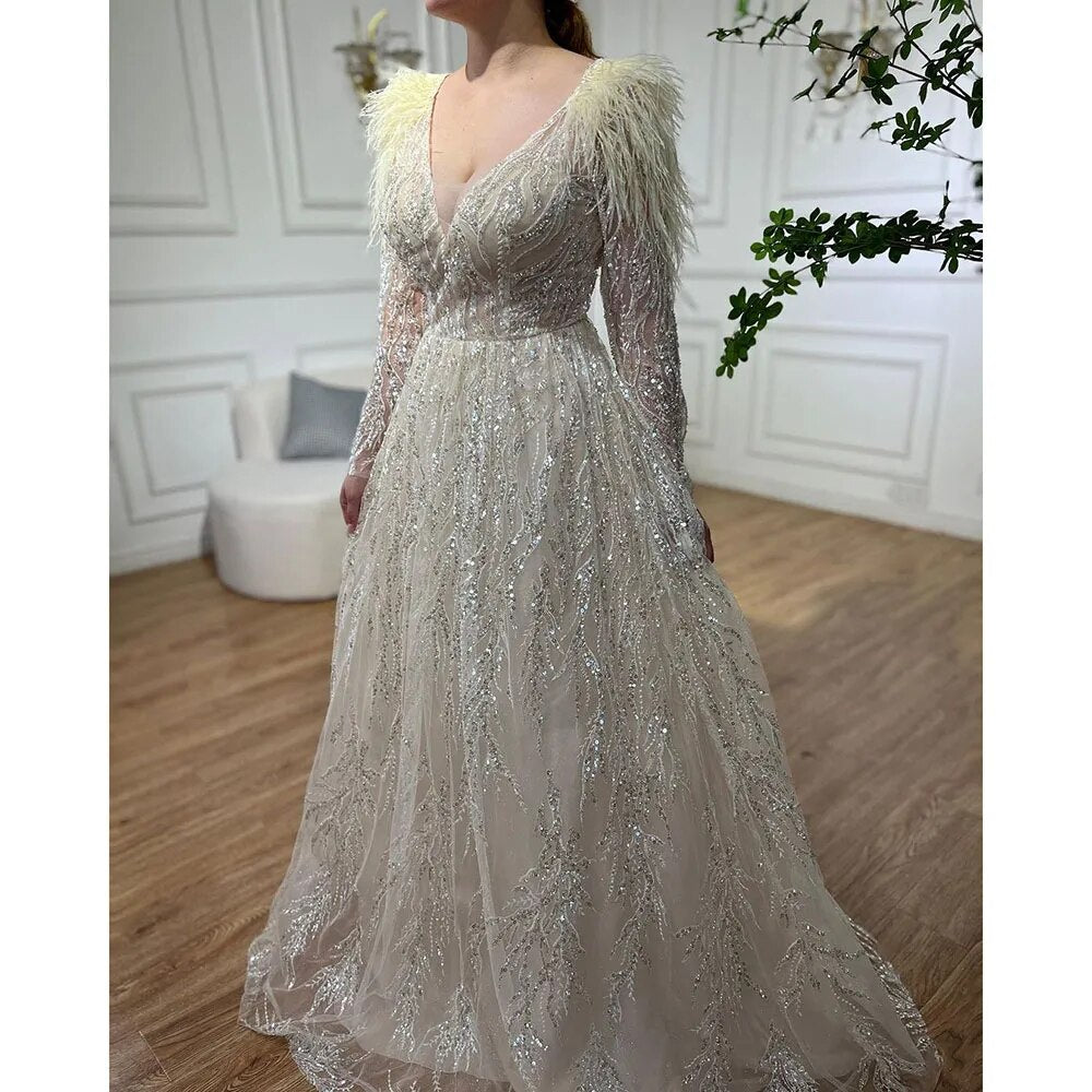 Serene Hill Muslim Beige A Line Beaded Feathers Luxury Dubai Long Evening Dresses Gowns 2025 For Women Wedding Party LA72172 - SERENE HILL