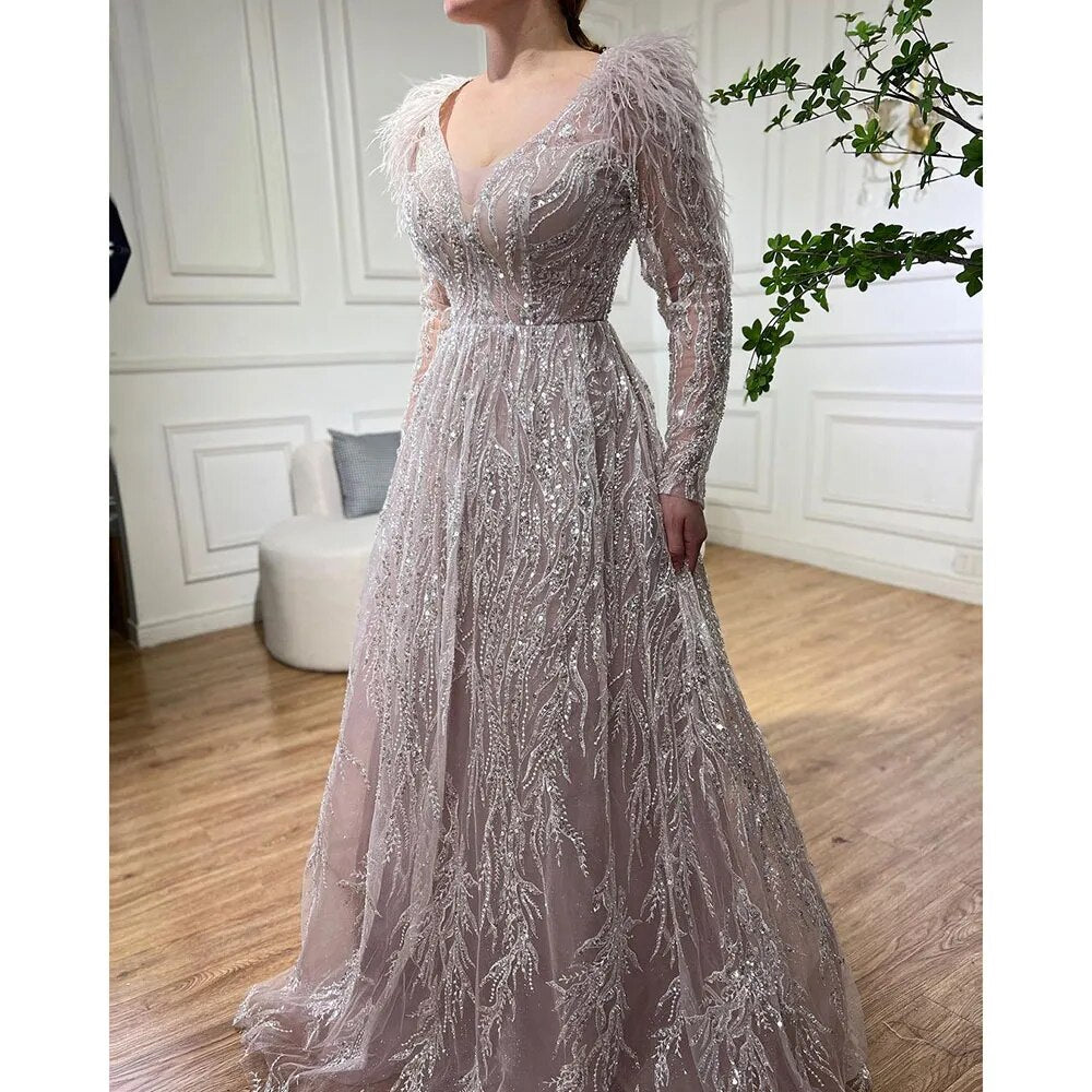 Serene Hill Muslim Beige A Line Beaded Feathers Luxury Dubai Long Evening Dresses Gowns 2025 For Women Wedding Party LA72172 - SERENE HILL