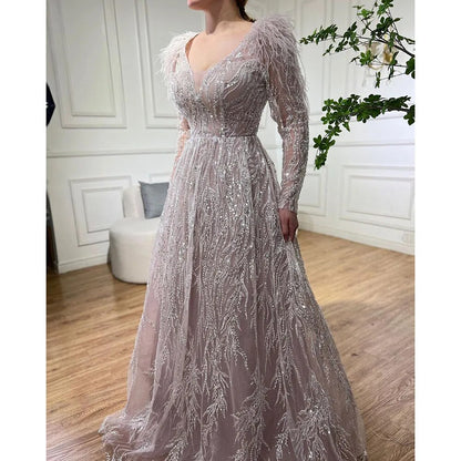 Serene Hill Muslim Beige A Line Beaded Feathers Luxury Dubai Long Evening Dresses Gowns 2025 For Women Wedding Party LA72172 - SERENE HILL