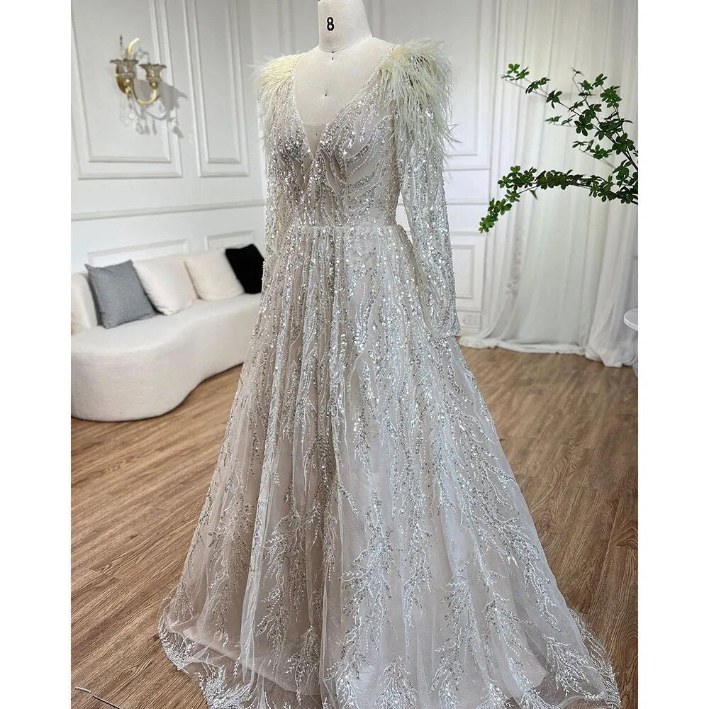 Serene Hill Muslim Beige A Line Beaded Feathers Luxury Dubai Long Evening Dresses Gowns 2025 For Women Wedding Party LA72172 - SERENE HILL