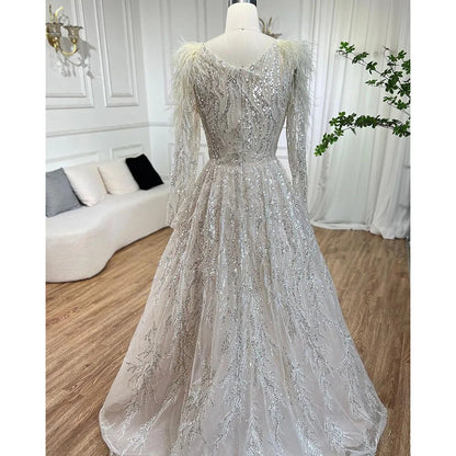 Serene Hill Muslim Beige A Line Beaded Feathers Luxury Dubai Long Evening Dresses Gowns 2025 For Women Wedding Party LA72172 - SERENE HILL