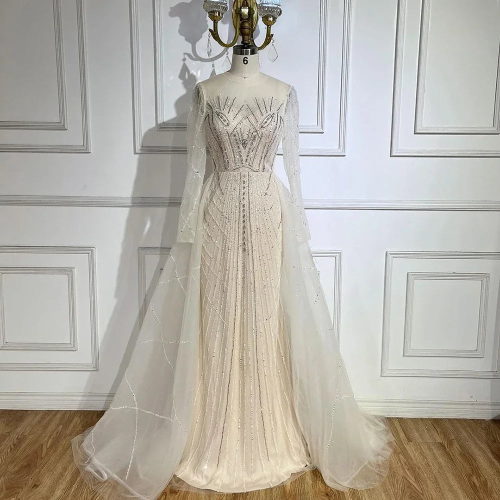 Serene Hill Muslim Beige Elegant Overskirt Mermaid Luxury Beaded Evening Dresses Gowns 2025 For Woman Party LA72528 - SERENE HILL