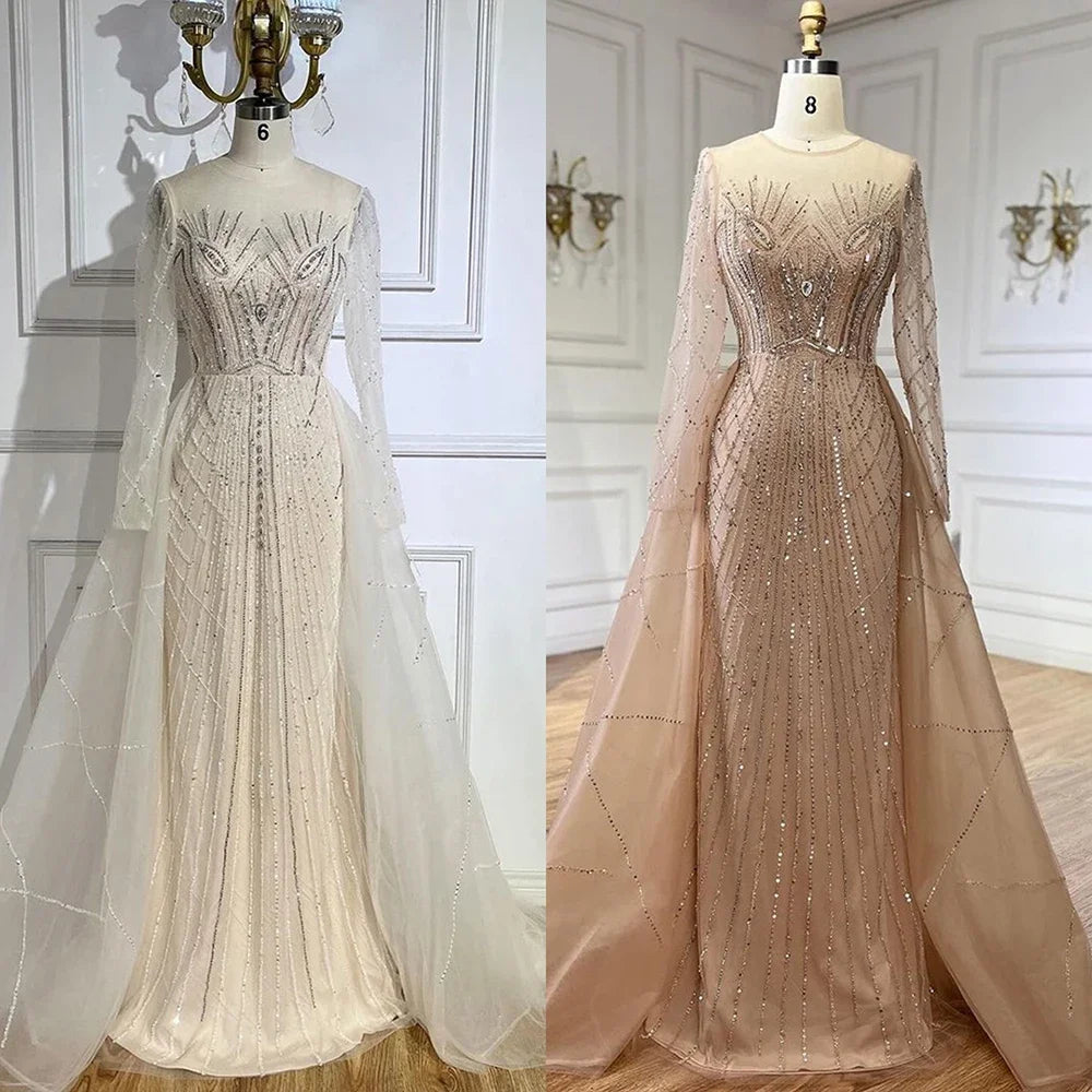 Serene Hill Muslim Beige Elegant Overskirt Mermaid Luxury Beaded Evening Dresses Gowns 2025 For Woman Party LA72528 - SERENE HILL