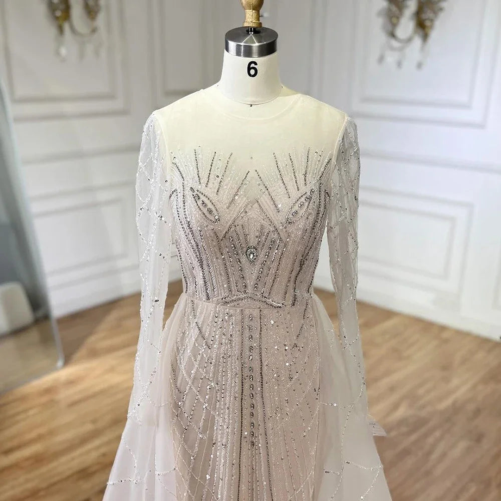 Serene Hill Muslim Beige Elegant Overskirt Mermaid Luxury Beaded Evening Dresses Gowns 2025 For Woman Party LA72528 - SERENE HILL