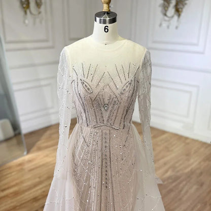 Serene Hill Muslim Beige Elegant Overskirt Mermaid Luxury Beaded Evening Dresses Gowns 2025 For Woman Party LA72528 - SERENE HILL
