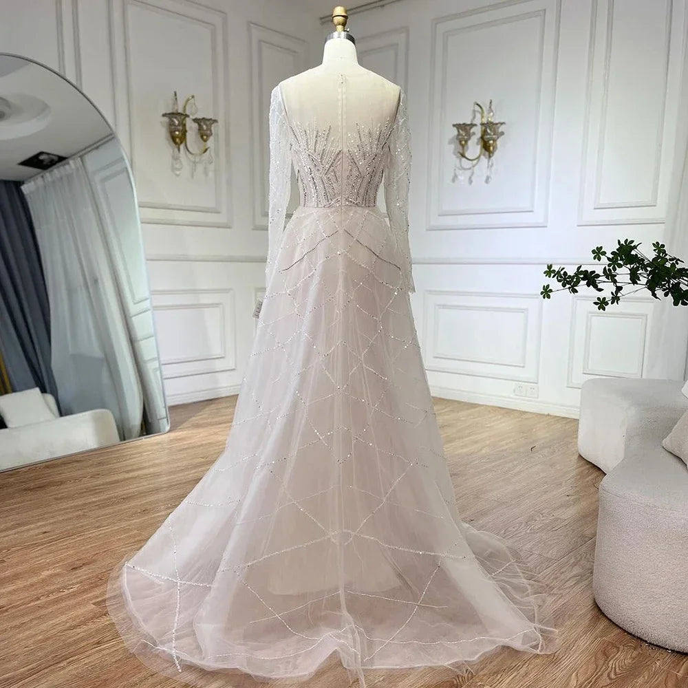 Serene Hill Muslim Beige Elegant Overskirt Mermaid Luxury Beaded Evening Dresses Gowns 2025 For Woman Party LA72528 - SERENE HILL