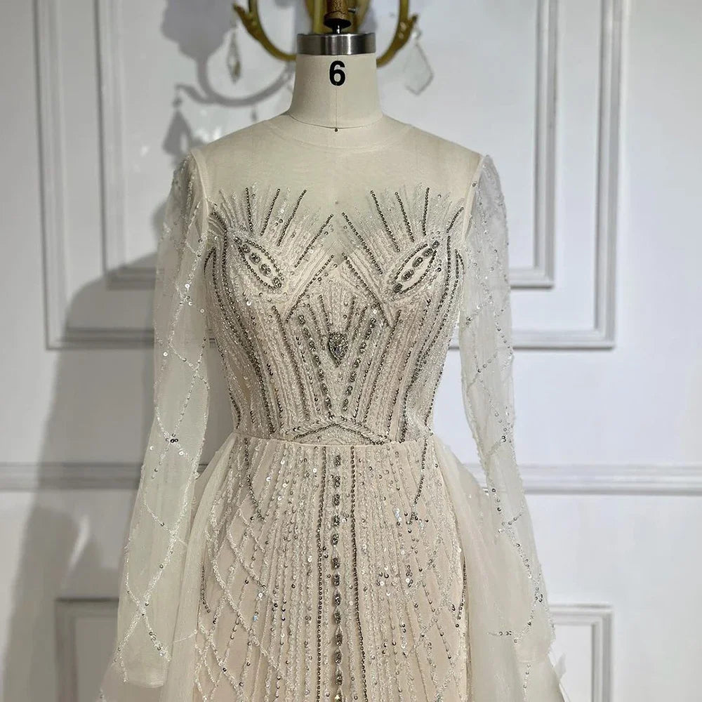 Serene Hill Muslim Beige Elegant Overskirt Mermaid Luxury Beaded Evening Dresses Gowns 2025 For Woman Party LA72528 - SERENE HILL