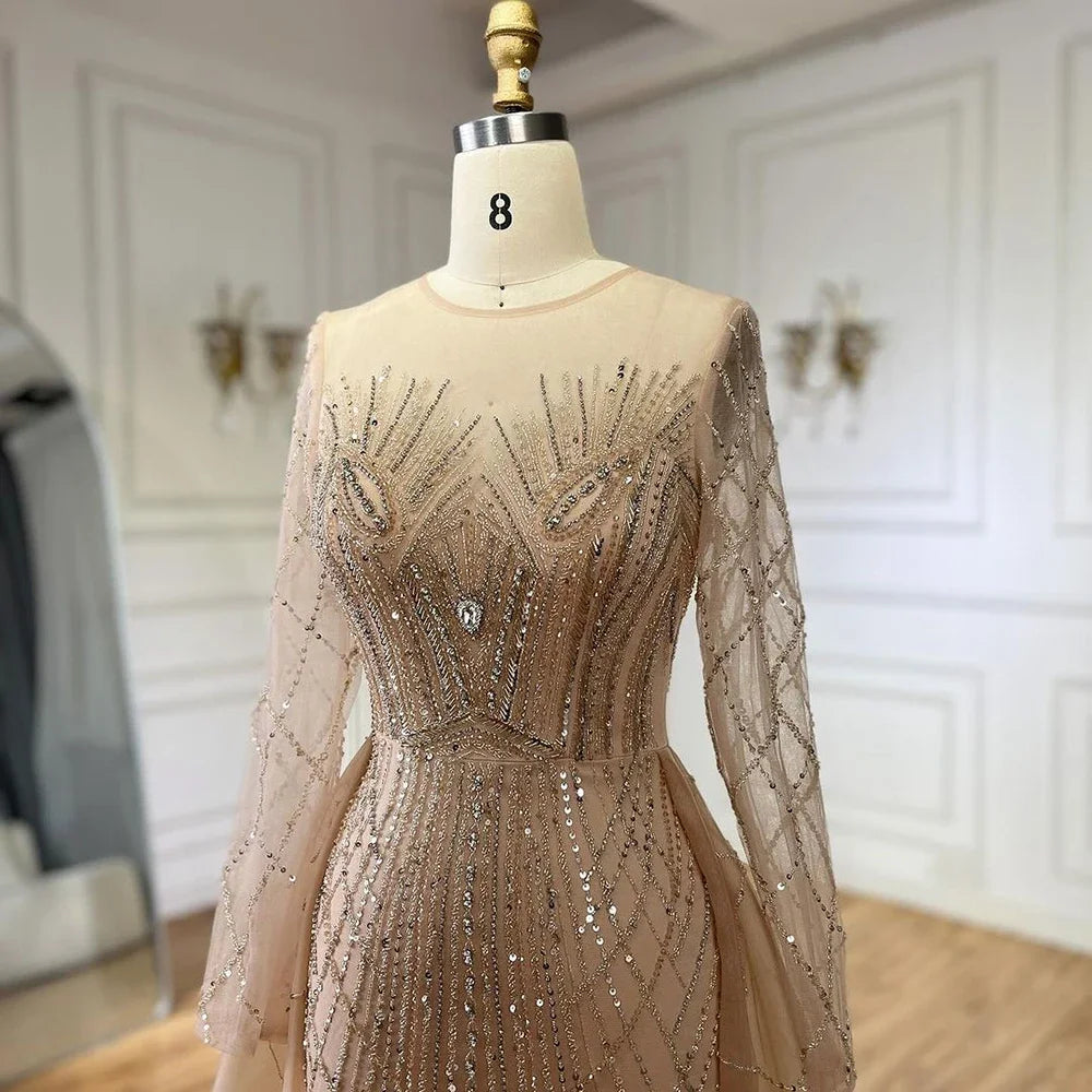Serene Hill Muslim Beige Elegant Overskirt Mermaid Luxury Beaded Gold Evening Dresses Gowns 2025 For Woman Party LA72528 - SERENE HILL