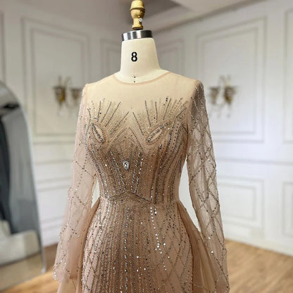 Serene Hill Muslim Beige Elegant Overskirt Mermaid Luxury Beaded Gold Evening Dresses Gowns 2025 For Woman Party LA72528 - SERENE HILL
