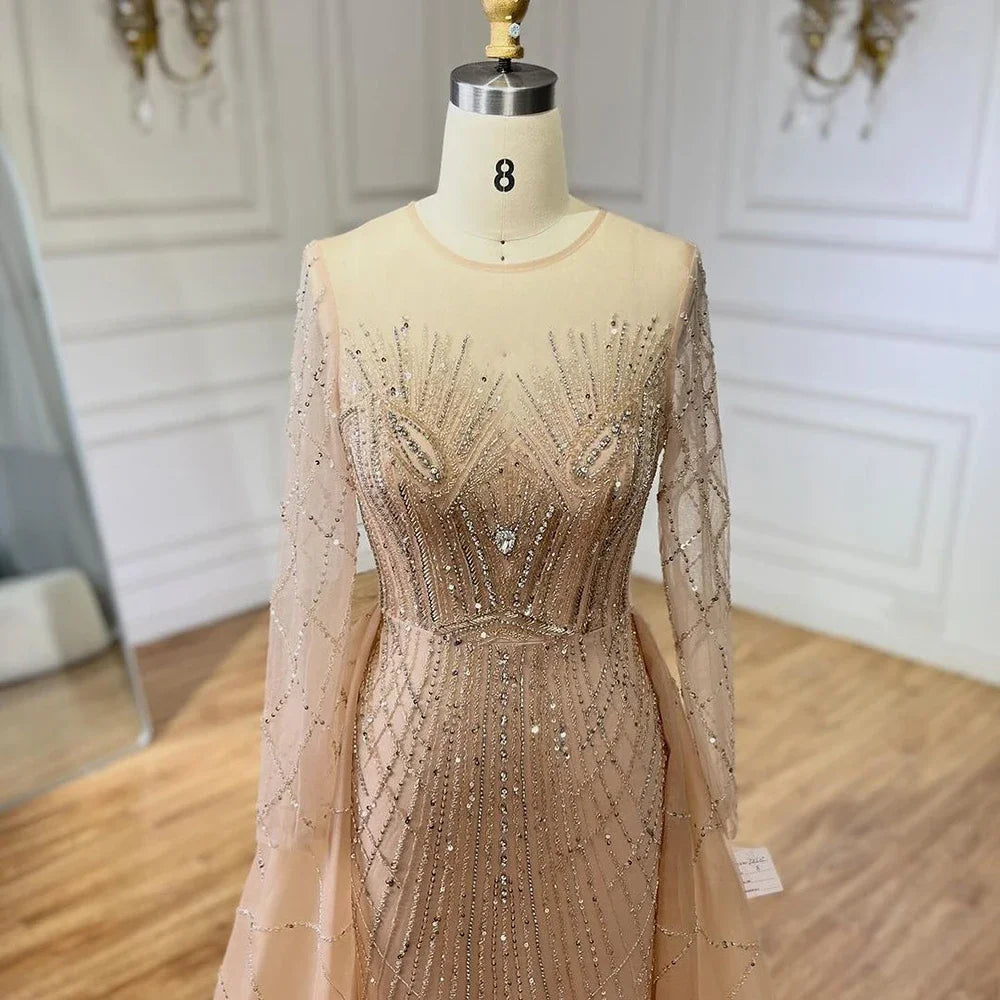 Serene Hill Muslim Beige Elegant Overskirt Mermaid Luxury Beaded Gold Evening Dresses Gowns 2025 For Woman Party LA72528 - SERENE HILL